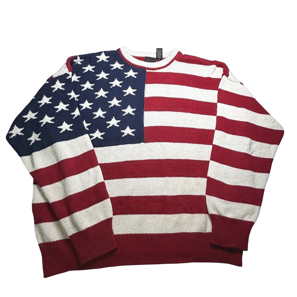 VTG 90s Structure Mens American Flag Sweater USA 100% Cotton L All over Design